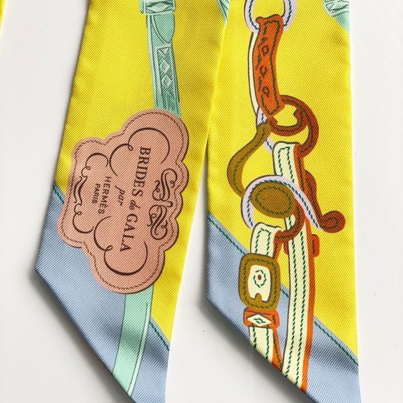 HERMES SILK YELLOW BEIGE BROWN BLUE Bandeau TWILLY WRAP SET OF 2 - Picture 3 of 16